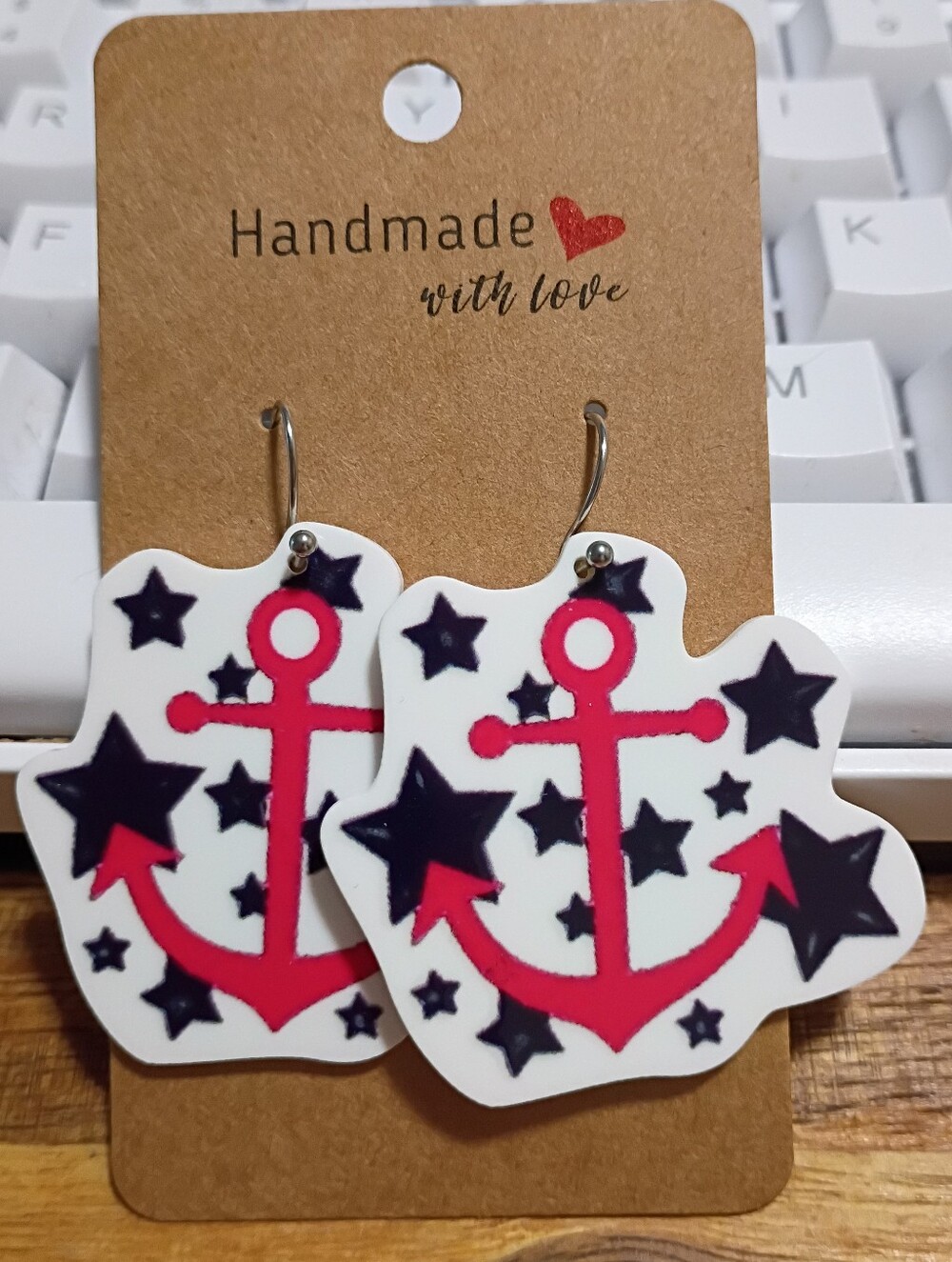 Handmade Pink Anchor Nautical Earrings with Navy Stars